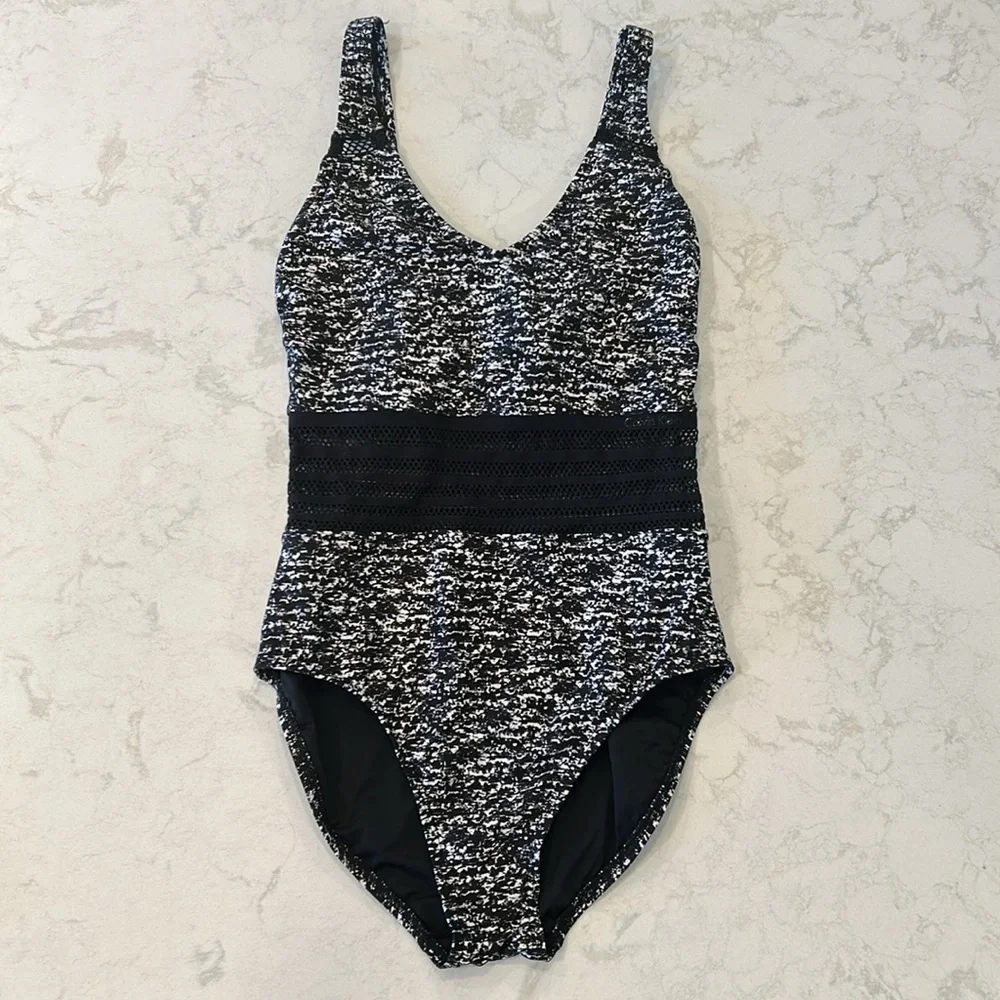 Calvin Klein Sea Glass Printed Mesh-Inset Black White Suit Size 8